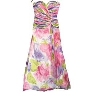 Cassandra Stone Silk Strapless Floral Beaded Gown Pink Purple Green  8 Y2K Prom